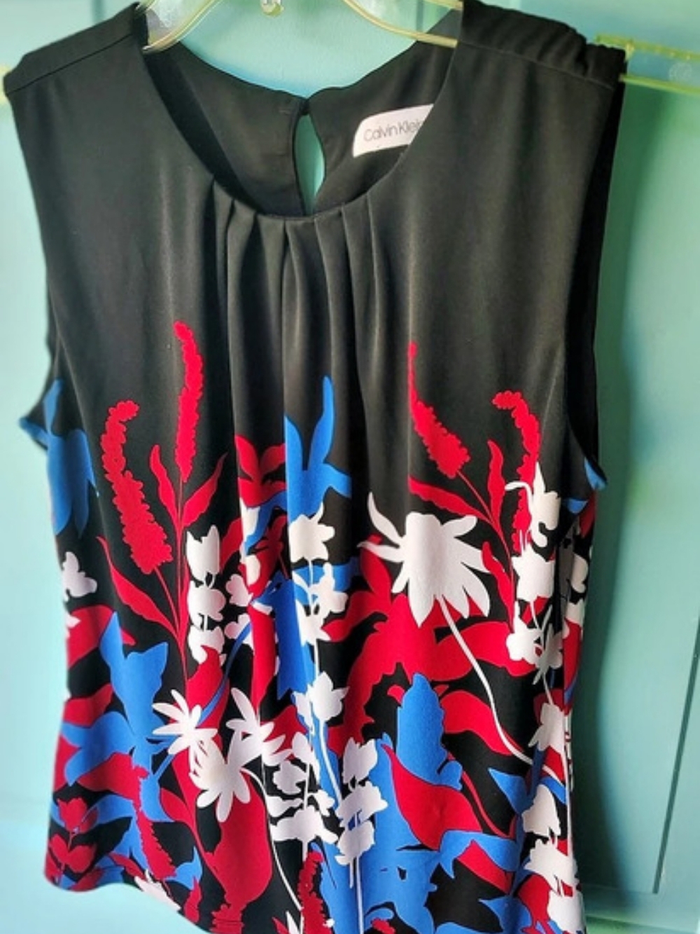Calvin Klein Pleated Neck Sleeveless Floral Blouse Black & Blue